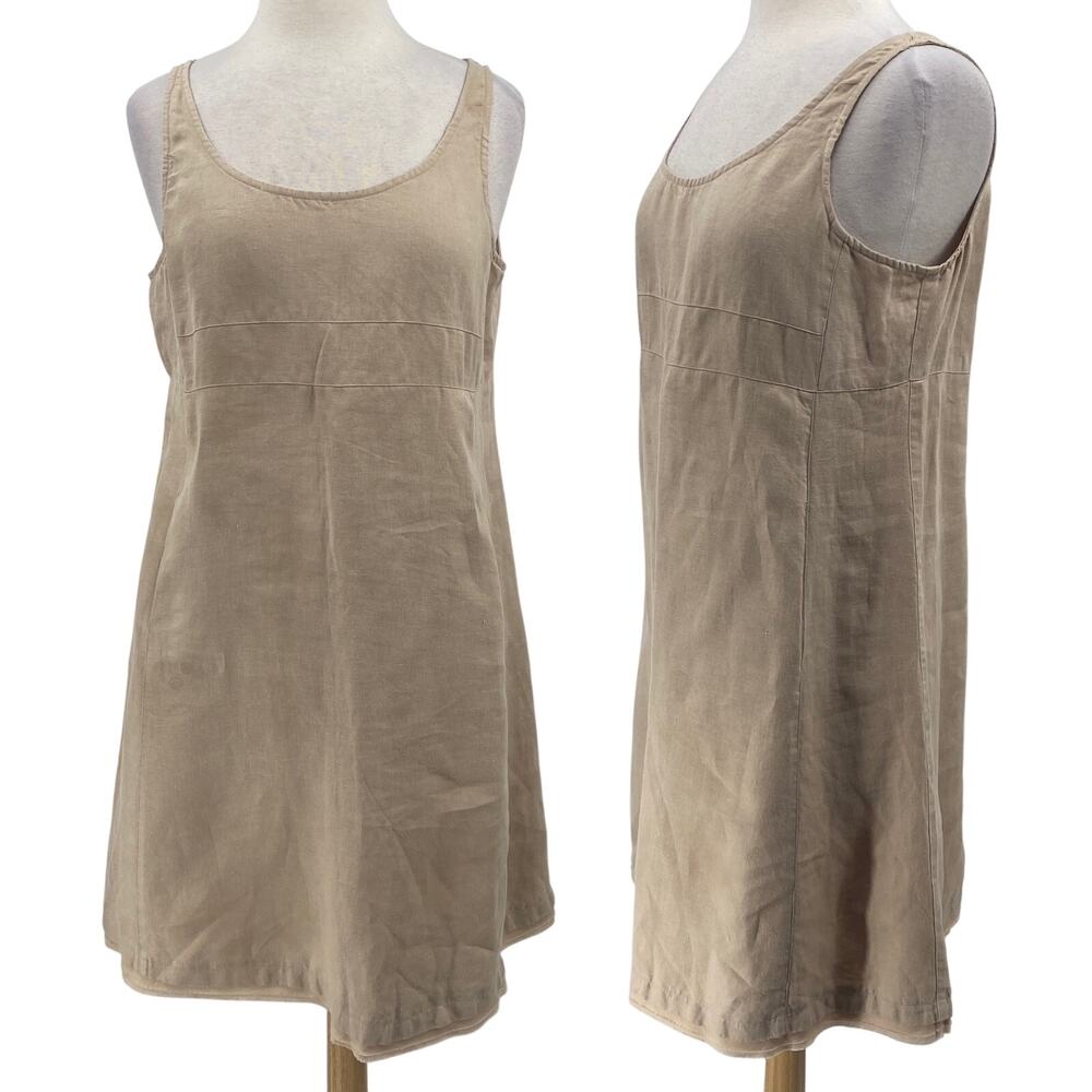 Eileen Fisher Linen Mini Dress Sleeveless Shift Tiered Hem Beige Petite Womens L